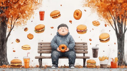 Overweight man sitting on bench with junk food raining down in the background