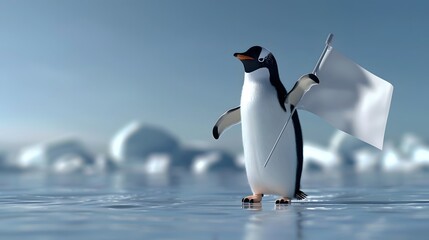 Fototapeta premium Penguin Holding White Flag: A cute penguin standing on ice, holding a small white flag. 
