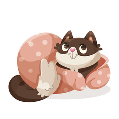 A cute cat wrapped in a pink polka dot blanket on a white background. Concept of warmth and coziness. Vector illustration
