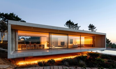 Obraz premium Minimalist Modern House in Pine Forest, Portugal at Dusk