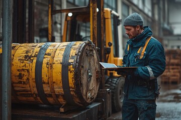 A worker using a tablet to inspect a barrel in an industrial warehouse setting, showcasing modern technology in manual labor.