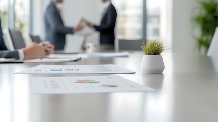 A professional business meeting with executives discussing strategy around a sleek conference table, with charts and documents visible. The image has deep depth of field and space for text around the