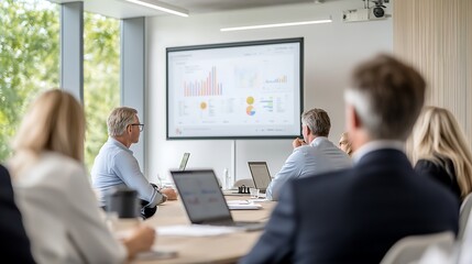 A high-end photograph of a business meeting in progress, with professionals gathered around a projector screen displaying charts. The image features deep depth of field with room for copy text.