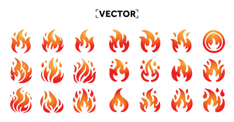 Fire icons in different shape, isolated on white background. Set of fire icons. Burning Fire symbol set. Vector illustration. Vector illustration