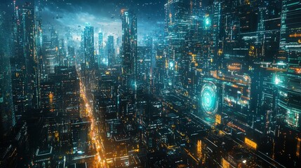 Fototapeta premium Advanced AI metropolis, digital integration, futuristic technology, holographic networks