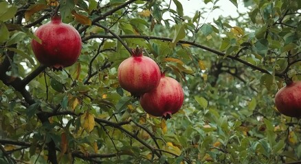 Obraz premium Ripe red pomegranates hanging on a tree branch amidst green foliage.