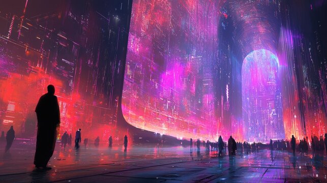 AI-powered future, digital networks, futuristic architecture, holographic interfaces