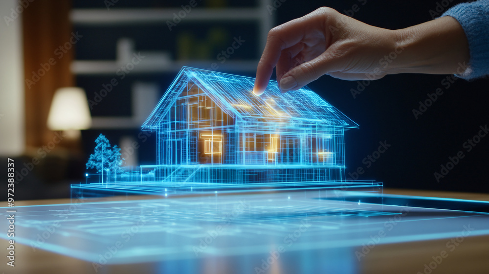 Poster woman architect is designing a sustainable house project using a futuristic holographic interface