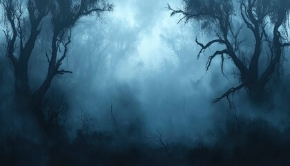Obraz premium A Mysterious and Foggy Forest With Bare Trees