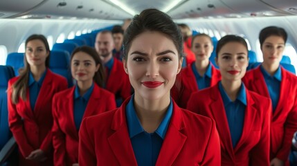 Fototapeta premium Dedicated Cabin Crew Team Supporting Passengers During Turbulent Flight