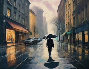 Obraz premium Lonely Figure in Rainy City Street