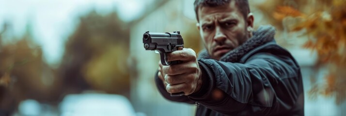 A rugged man in a dark, fur-lined jacket points a handgun at the camera, embodying urgency and tension. blurred city background adds to the dramatic atmosphere, perfect for crime dramas and thrillers.