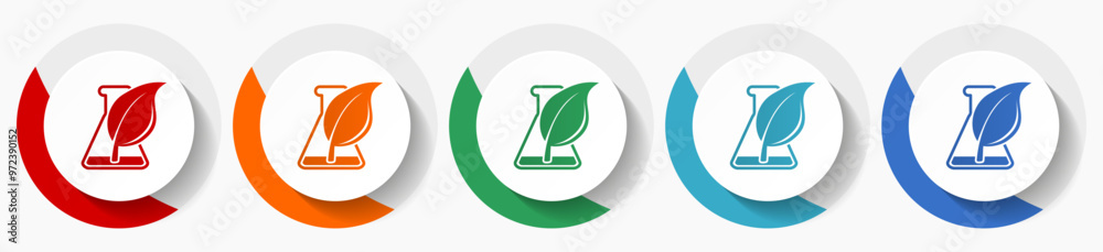 Aufkleber Laboratory flask with plant vector icon set, flat icons for logo design, webdesign and mobile applications, colorful round buttons