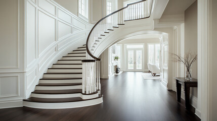 Obraz premium Elegant curved staircase with white railing leading to a spacious living room in a modern luxury home
