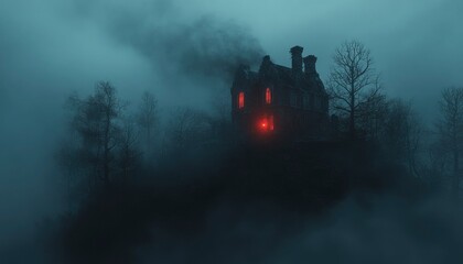 Fototapeta premium A Foggy Night with a Mysterious Red-Lit Window in a Haunted-Looking Mansion