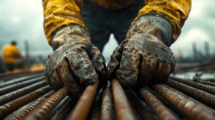 Close-up of a construction worker's gloved hands handling rust-covered rebar under a cloudy sky, with worn and rugged gloves.