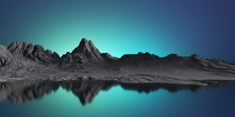 3d rendering. Wallpaper of panoramic landscape. Black rocky mountains reflecting in the calm water under the neon blue sky. Fantastic night scenery