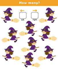 Left and right position worksheet with cute little witch illustration. Educational worksheet for preschool kids. Educational game to learn left and right.