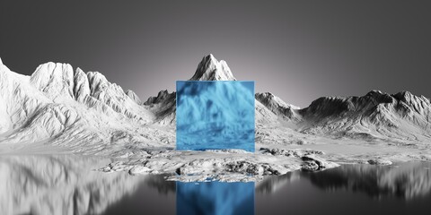 3d render futuristic serene landscape. Blue glass geometric shape sits on the shore in front of the mountains, is reflected in the calm water, standing out against the monochrome black and white scene