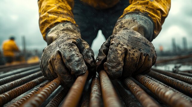 Close-up of a construction worker's gloved hands handling rust-covered rebar under a cloudy sky, with worn and rugged gloves.