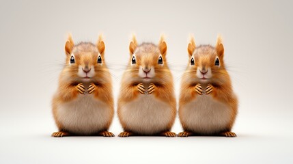 Three squirrels are standing in a row, with their heads turned to the side. They are all wearing the same color, which is brown. The image has a cute and playful mood