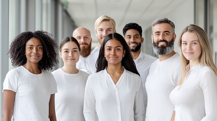 Fototapeta premium A group of diverse professionals standing confidently in an office hallway, looking directly at the camera with smiles. The image has deep depth of field and sharp focus throughout, offering space