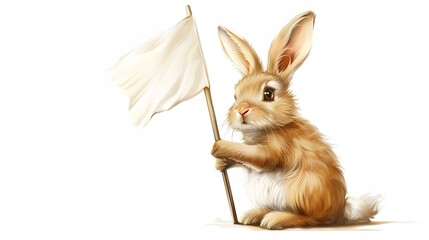 Obraz premium Rabbit with White Flag: A cute rabbit sitting upright, holding a white flag between its paws. 