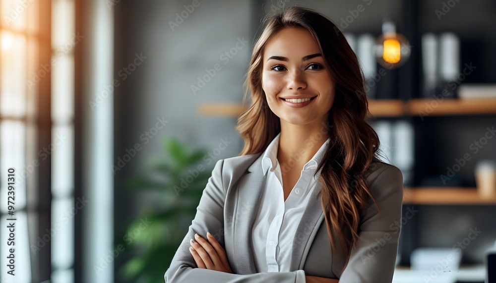 Wall mural confident young businesswoman smiling in modern office environment