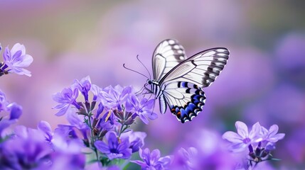 Black and White Butterfly on a Beautiful Purple Flower, Nature and Wildlife Photography Generative AI