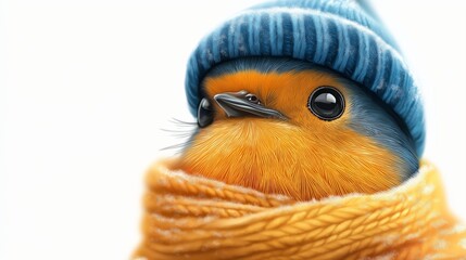 Obraz premium A bird wearing a blue hat and a yellow scarf. The bird is looking at the camera