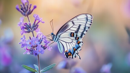 Black and White Butterfly on a Beautiful Purple Flower, Nature and Wildlife Photography Generative AI
