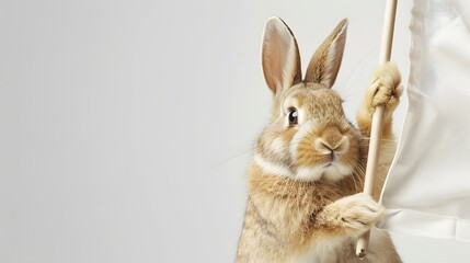Obraz premium Rabbit with White Flag: A cute rabbit sitting upright, holding a white flag between its paws. 