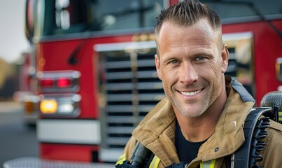 Fototapeta premium Portrait of a Firefighter Standing Beside a Fire Truck