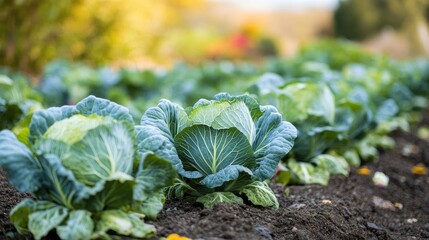Close-up of a row of thriving cabbage plants, with their deep green leaves fanning out in an organic garden, no logos
