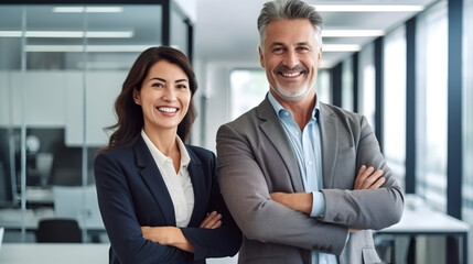 Happy, middle-aged business people, a man and a woman, standing with their arms crossed in a modern office, looking at the camera and smiling.