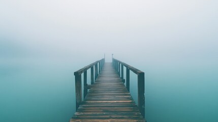 Fototapeta premium A foggy pier stretching into the distance, with muted colors and a serene, contemplative atmosphere