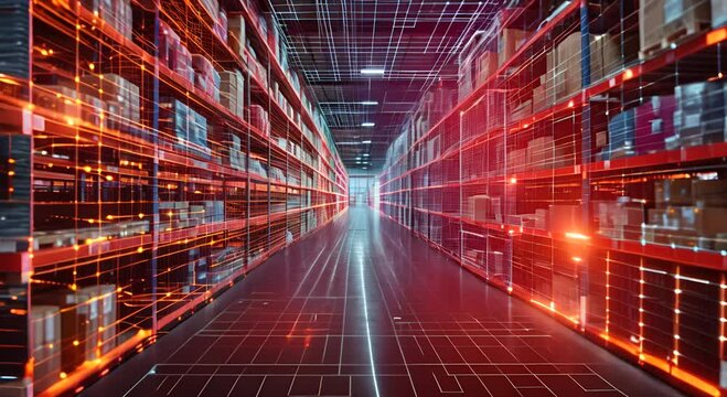 Modern warehouse with advanced warehouse management system characterized by digital overlays and data connections. Visual representation of data connections integrated system wit real-time information
