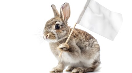 Obraz premium Rabbit with White Flag: A cute rabbit sitting upright, holding a white flag between its paws. 