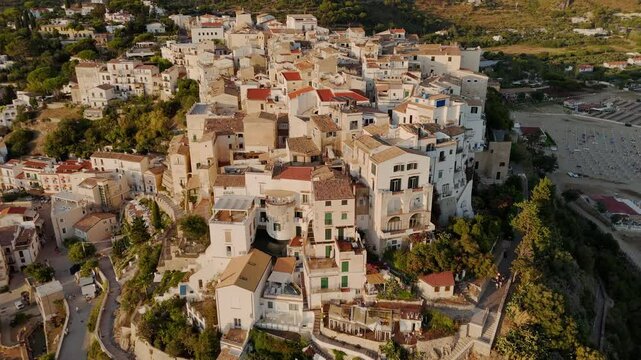Amazing aerial view of the beautiful Sperlonga old town, Italy, at the sunset