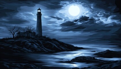 A Luminous Lighthouse Stands Tall Against a Moonlight Sky
