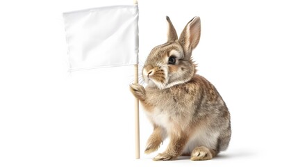 Obraz premium Rabbit with White Flag: A cute rabbit sitting upright, holding a white flag between its paws. 