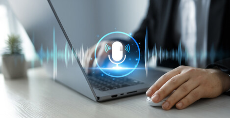 Voice recording and voice search concept.Sound recording or voice search with ai, speaker, music, voice message,assistance and marketing.Person using smartphone with virtual microphone.