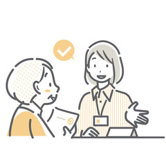 窓口で書類を提出するシニア女性　シンプルでお洒落な線画イラスト