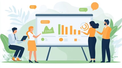 Fototapeta premium Flat design vector of a business training scenario with a coach and team members