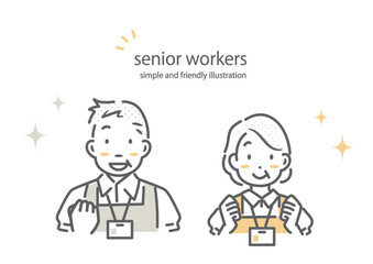活き活き働くシニア女性とシニア男性　シンプルでお洒落な線画イラスト