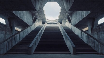 Fototapeta premium Brutalist sports arena with a rigid, angular design, heavy concrete supports, and a minimalist, industrial aesthetic. 4K hyperrealistic photo.