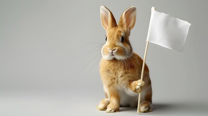 Obraz premium Rabbit with White Flag: A cute rabbit sitting upright, holding a white flag between its paws. 