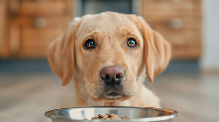 Woman Putting Food Bowl With Feed For Her Dog