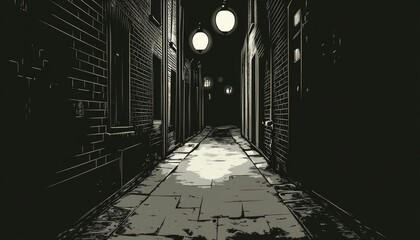 A Dark and Narrow Alleyway Illuminated by Streetlights