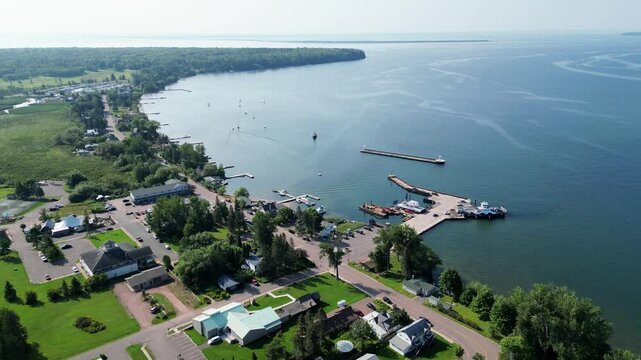 La Pointe Town, Apostle Islands, Wisconsin (USA); Slow Aerial Pull Away Shot Revealing The Scenic 12-Mile Stretch Of Shoreline Along Lake Superior.